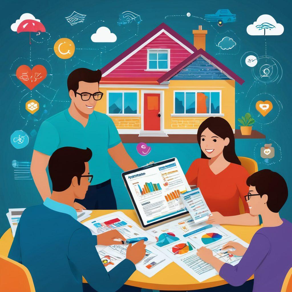An eye-catching infographic showing a split scene: on one side, a family happily reviewing various insurance policies at a table, surrounded by colorful charts and graphs. On the other side, a friendly insurance agent explaining the options on a digital tablet, with floating icons of houses, cars, and health symbols. The background should feature a mix of bright colors representing different insurance types. vibrant colors. vector art.
