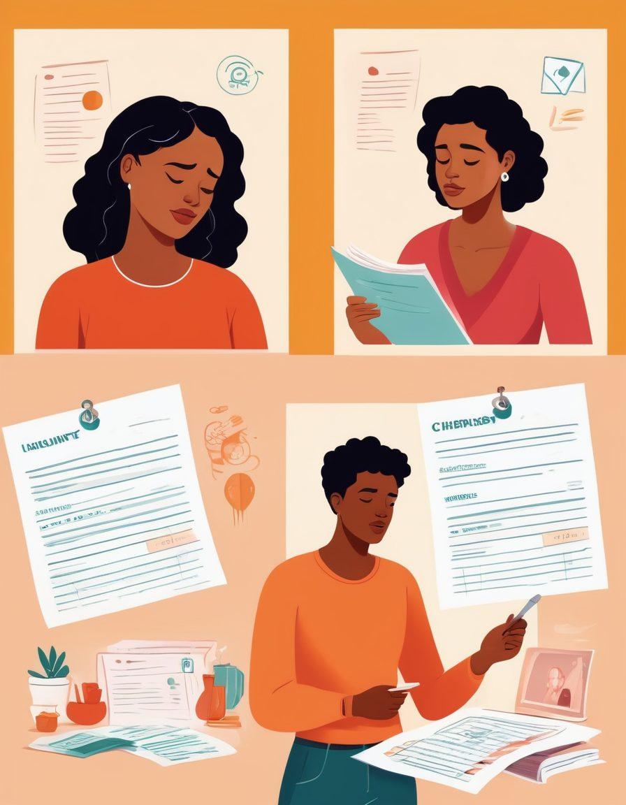 A split-screen illustration showing two scenarios: on the left, a person overwhelmed with confusing insurance papers and stressed expressions, and on the right, a calm individual confidently selecting insurance options with a checklist. Incorporate symbols of various insurance types like health, home, and auto around them. Warm and inviting colors to evoke a sense of clarity and empowerment. vector art. vibrant colors.