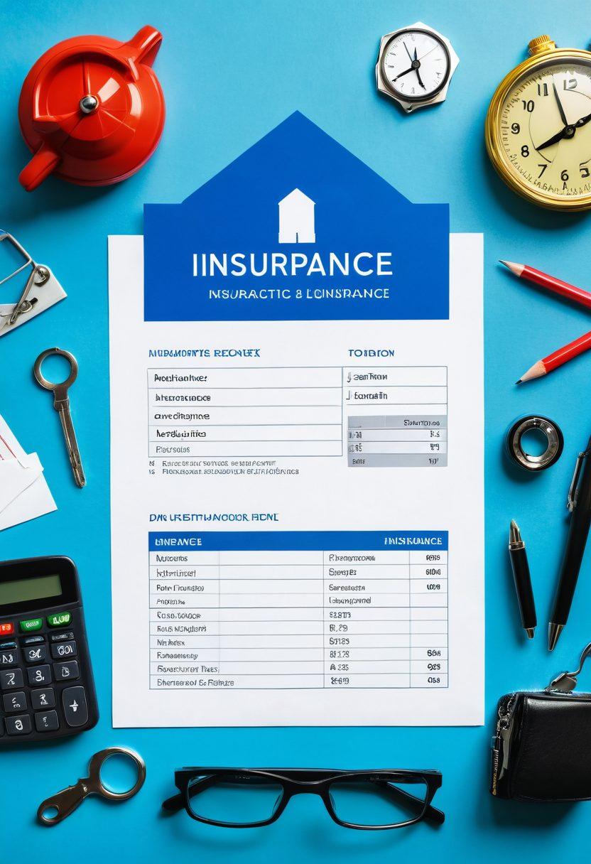 A well-organized toolkit filled with various insurance-related tools, such as a calculator, magnifying glass, and policy documents. Surrounding the toolkit are illustrations of different types of insurance (health, auto, home) with graphs showing rate comparisons. The background features a clear blue sky and a city skyline, symbolizing security and stability. The overall tone is informative and visually engaging. super-realistic. vibrant colors. white background.